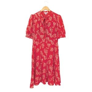 L.K.Bennett London Red Multi Floral Print Tie Neck 100% Silk Dress‎ US 8 UK 12